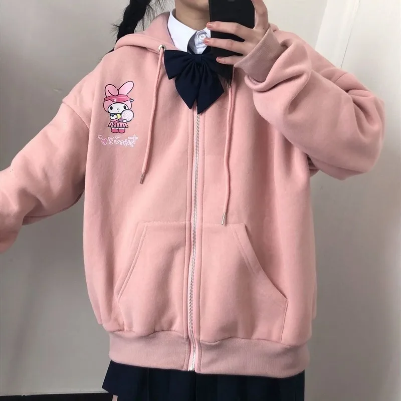 

2021 Anime Print Zip Up Sweatshirt Hoodie Women Long Sleeve Cute Print Plus Velvet Winter Kawaii Fashion Tops Clothes for Teens