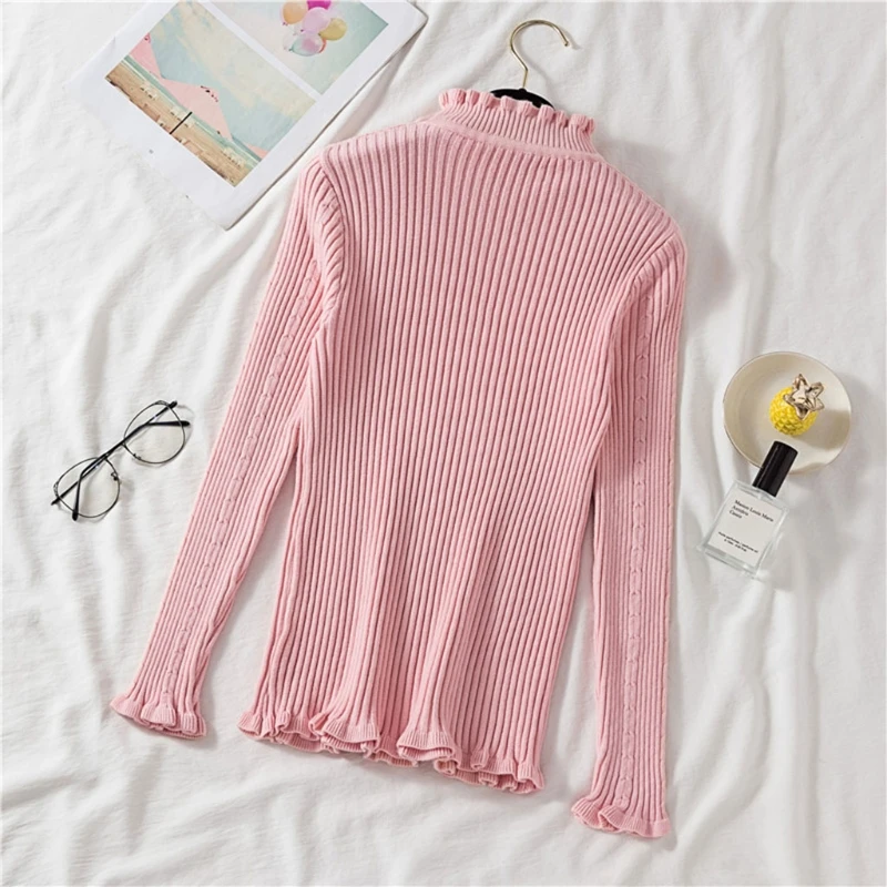 

Women Mock Neck Long Sleeve Sweater Ruffles Trim Ribbed Knit Slim Jumper Tops LX9E