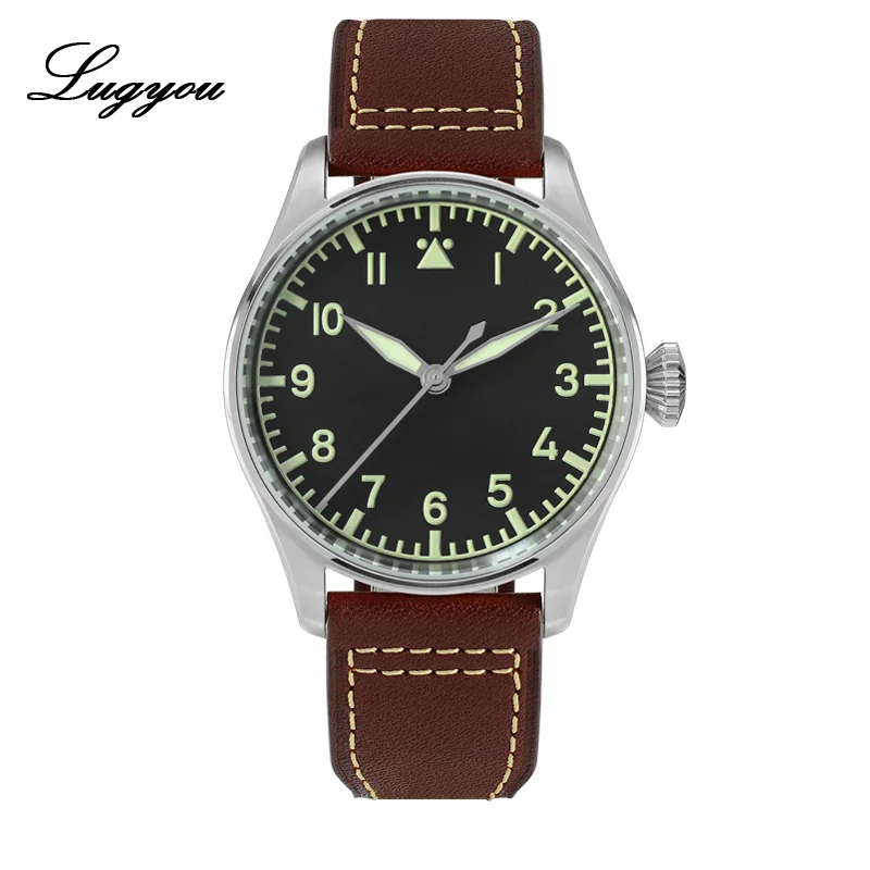 Black SW200 Lugyou Сан Мартин пилот Flieger механические мужские часы из нержавеющей стали супер светящийся сапфировый Кристалл Скелет Задняя Кожа Ремешок - Цвет: Black SW200