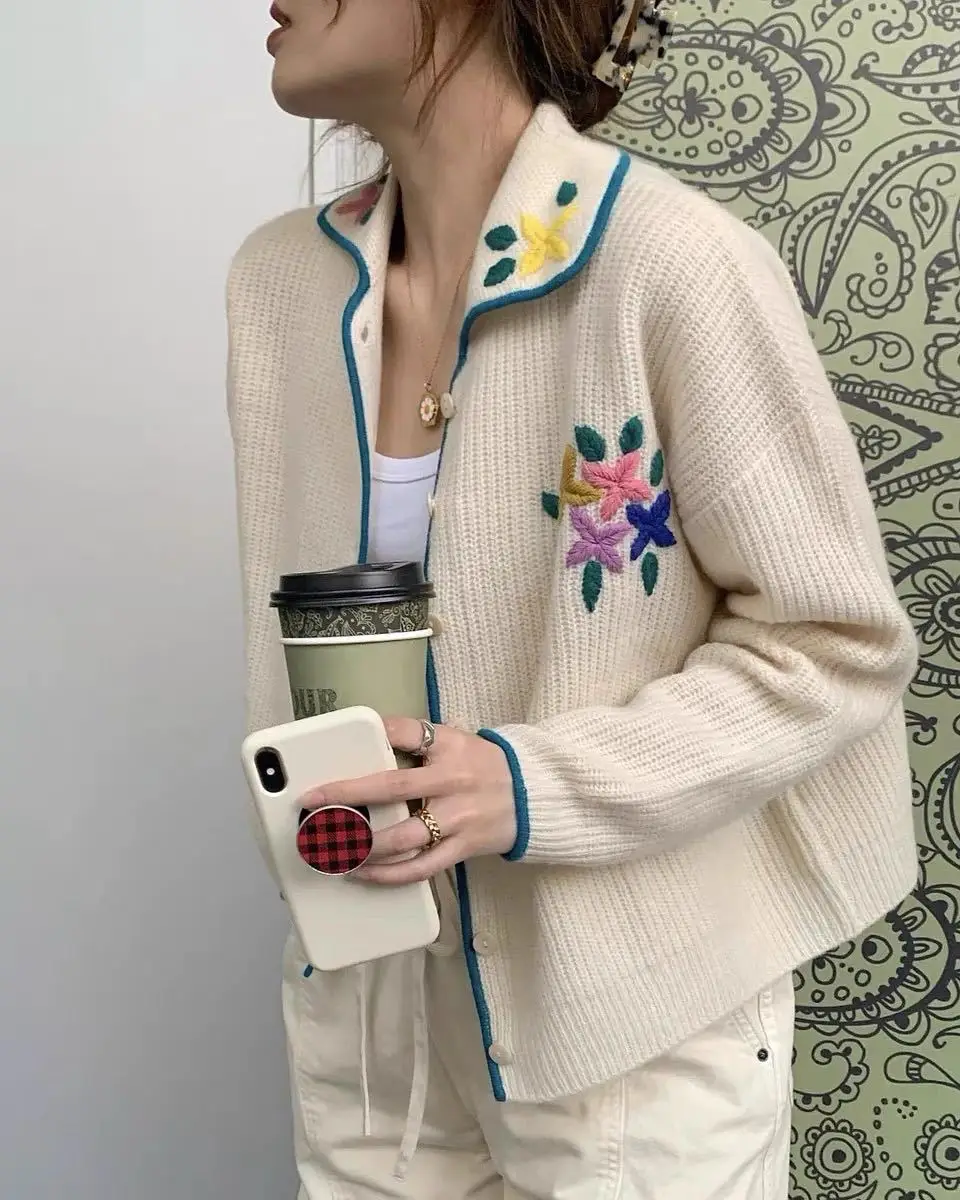 Женский свитер ручной работы вязаный кардиган из 2021-ной шерсти с цветочной