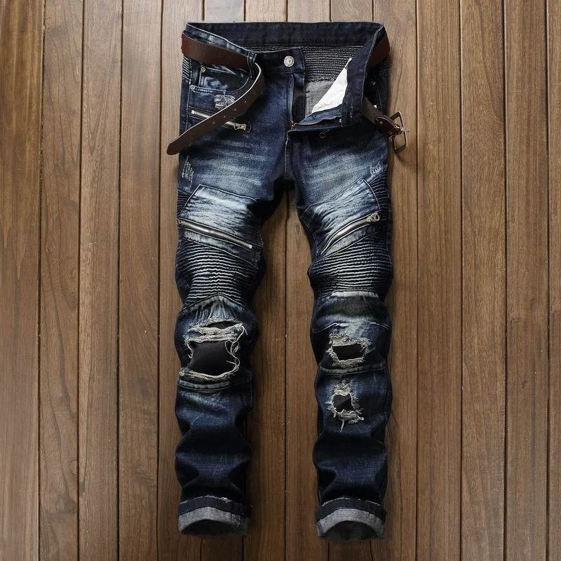 

Men's Pleated Biker Jeans Pants Slim Fit Brand Designer Motocycle Denim Trousers For Male Straight Washed Multi Zipper