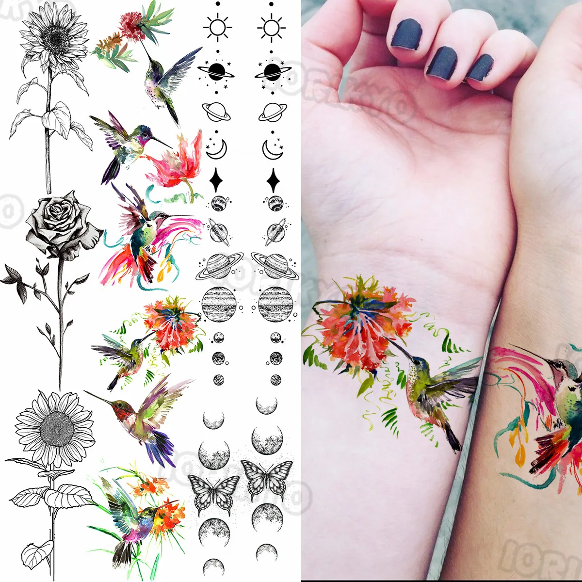 

Watercolor Hummingbird Temporary Tattoos For Women Girls Sun Flower Rose Planet Butterfly Fake Tattoo Sticker Arm Neck Tatoos 3D