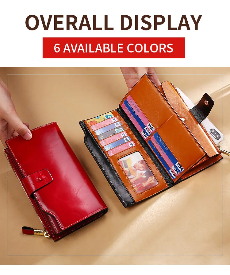 2019 A/W Luxury Oil Wax Cowhide Leather Women Long Wallet RFID anti-Theft Bag Purse Credit Card Holder Money Holders Retro Bags