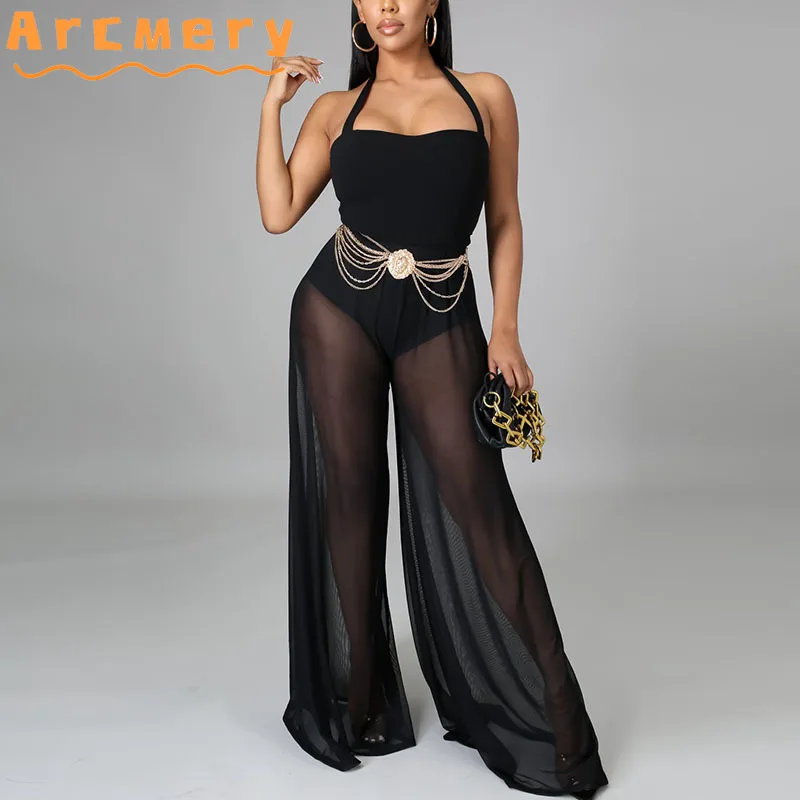 

Women Halter Backless Solid Wide Leg Jumpsuits ( No Chain Inlcude )