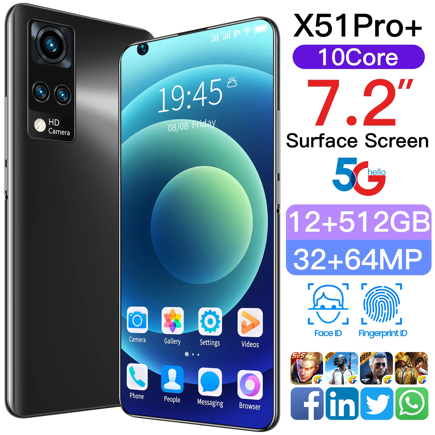 

X51Pro+ 12GB+512GB Smartphone 64MP Camera 6800mAh 10 Core Android 10 Face ID 4G Mobile Phone Fingerprint Telephone