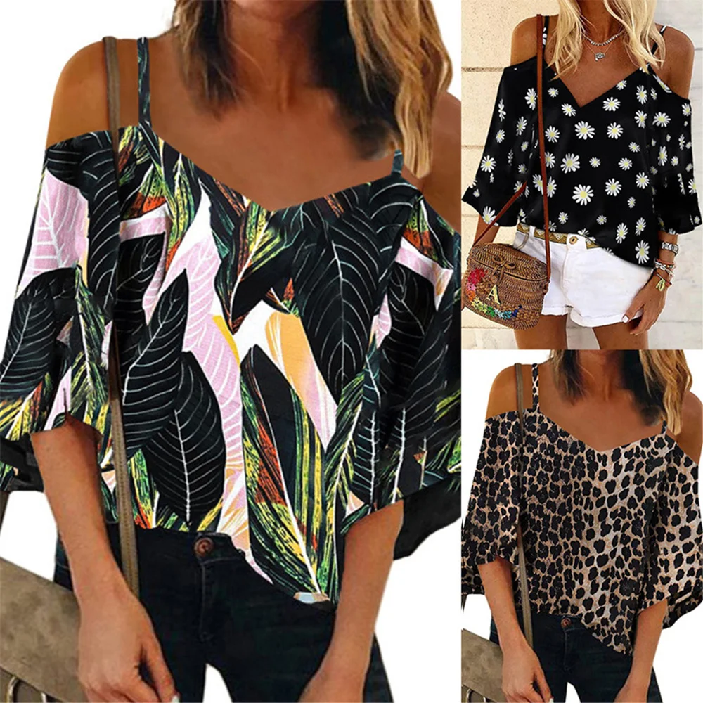 

21 summer new European and American style print halter chiffon casual sweater loose sleeve seven points women top