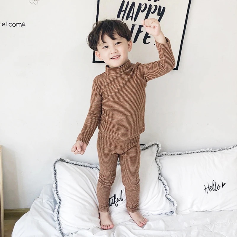 Комплекты для мальчиков и девочек детские пижамы полосатый топ с высоким