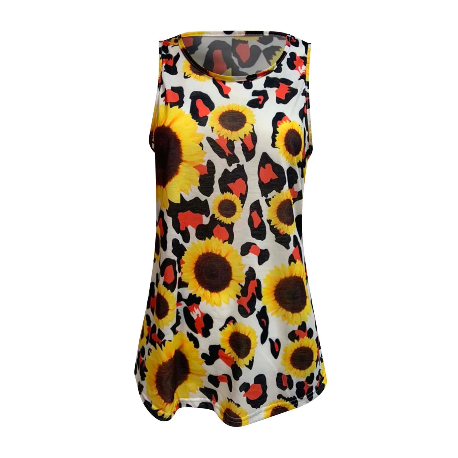 

Women's T Shirts O-neck Colorful Boho Retro Sleeveless Sunflower Prints Cotton Soft Vintage Loose Casual Plaid Back Ropa Mujer