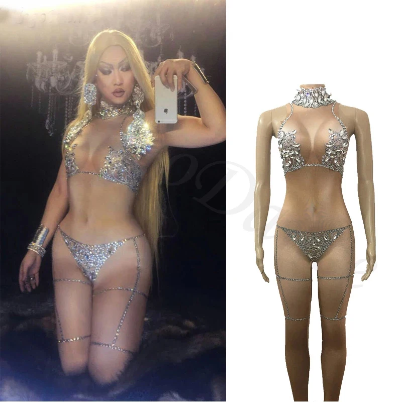 Сексуальный костюм телесного цвета комбинезон для женщин боди с блестящими