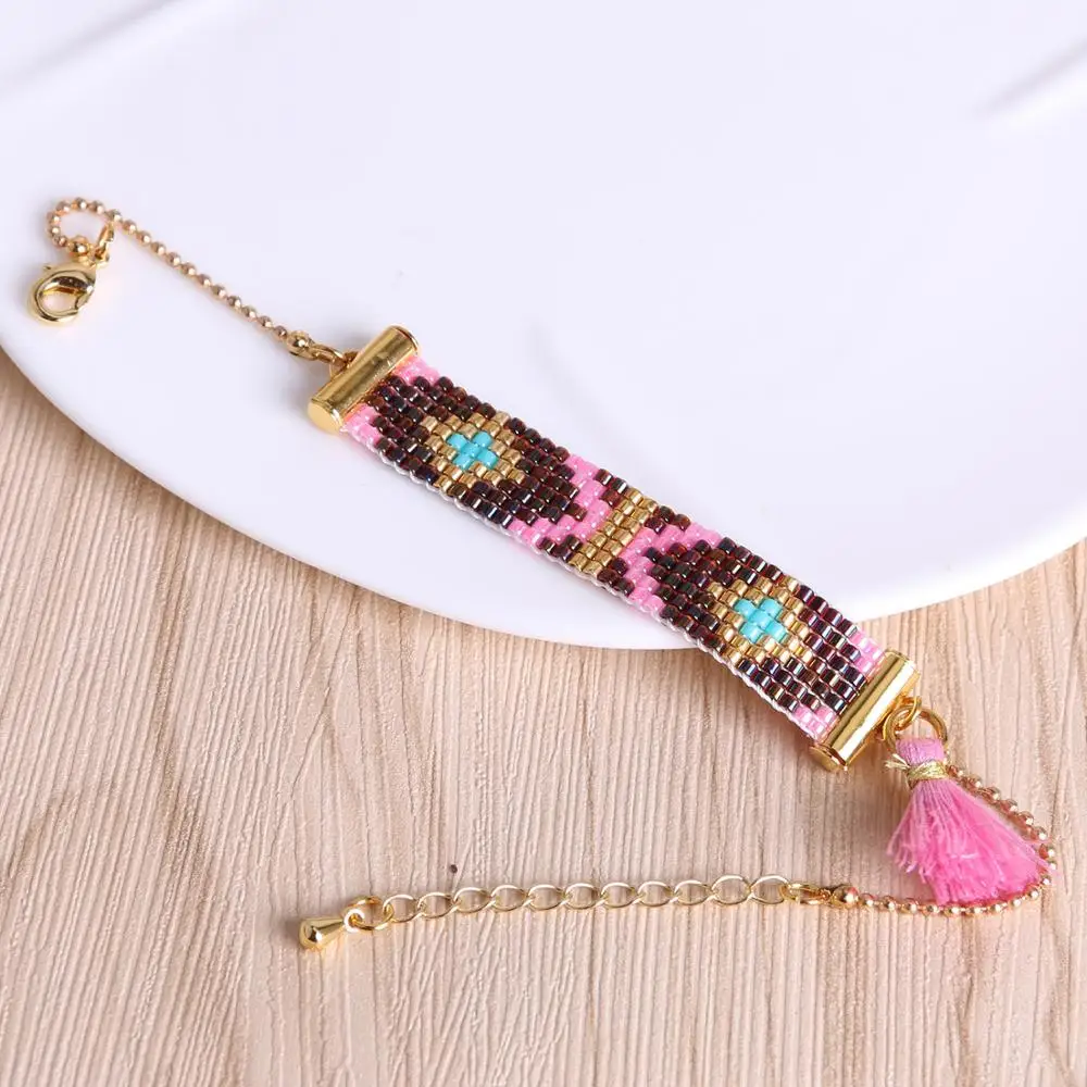 Женский браслет с кисточками KELITCH разноцветный из бисера золотыми бусинами