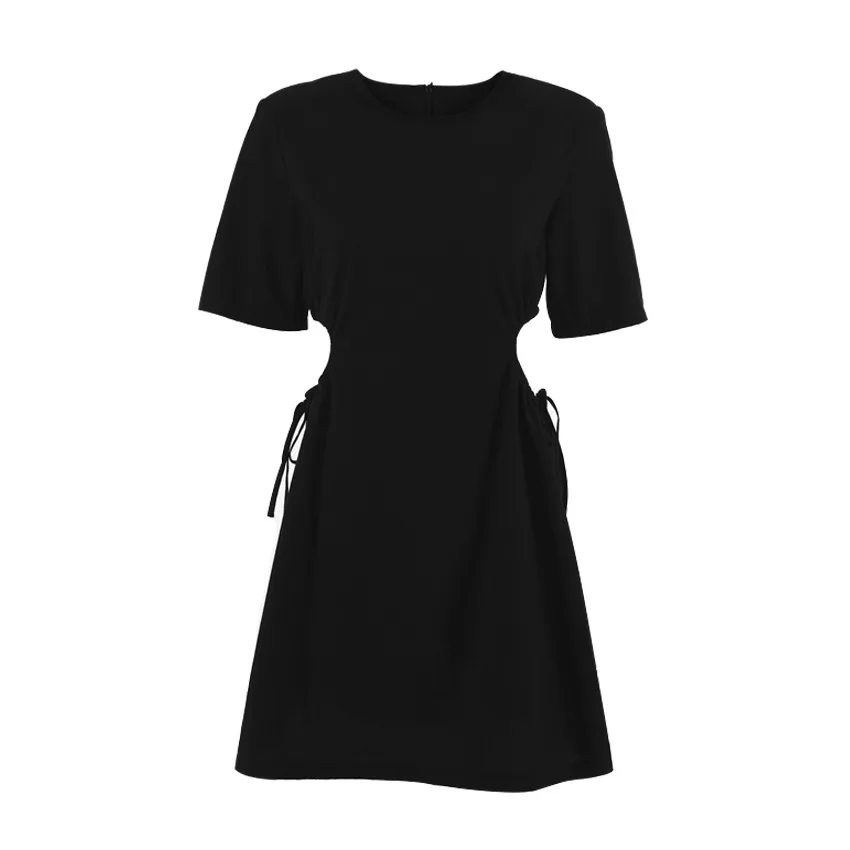 

2021 Summer Women Short Sleeve Hollow Out Round Neck Pleated Mini Dress