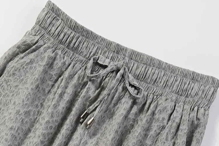 Women's 100% Mulberry Silk Gray rough Silk Belted Elastic Waist Wide Leg Long Pants Trousers  JN664
