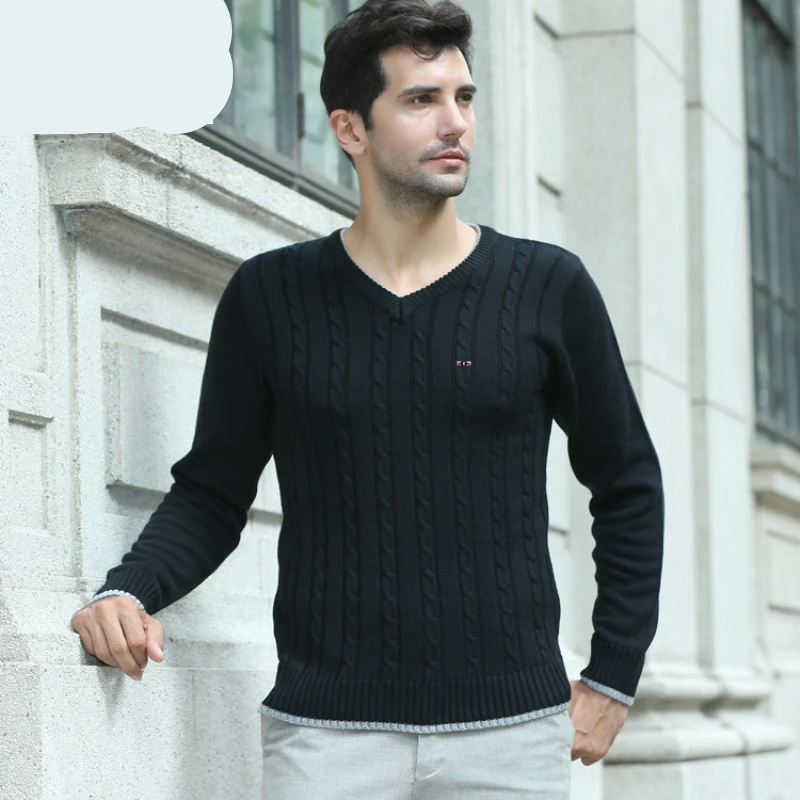 

New Slim Knitted Sweater Park Men Tops Pullovers Autumn Winter Warm Casual Eden Solid Color V-Neck Full Sleeve Pull