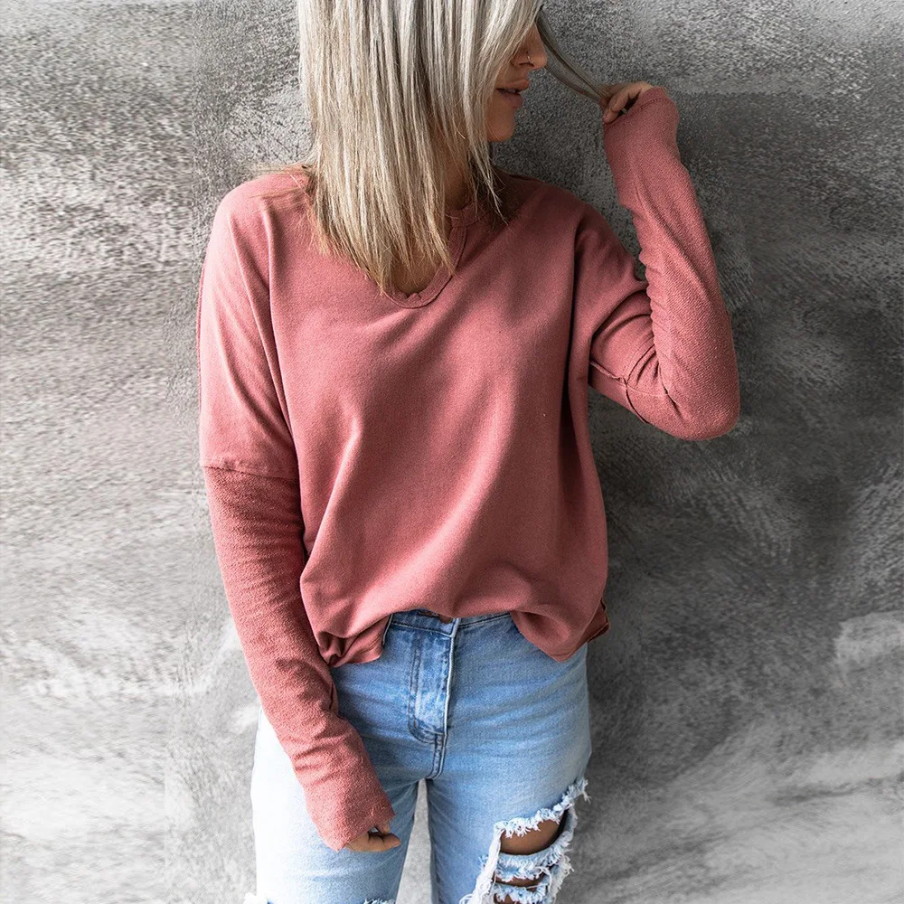 

2021 Autumn Plus Size Women's Sweatshirt Loose Long Sleeve V-neck Solid Female Sweatshirts New Fashion Casual Ladies Pullover