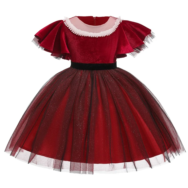 Бархатное платье для девочек с расклешенными рукавами новогоднее и