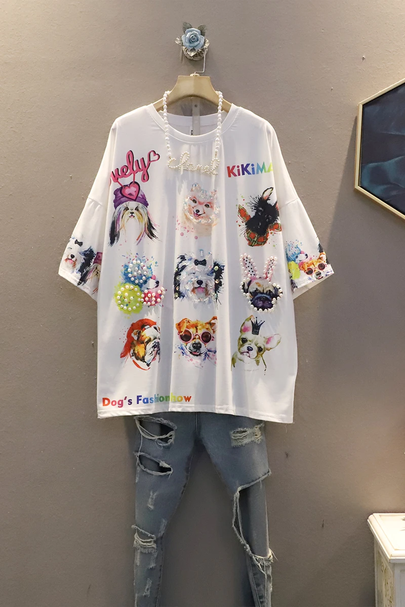 

QING MO 2021 Summer New Women Cartoon Dog Printed T Shirt With Beading Women Fashionable T Shirt Female Casual T Shirt ZQY6882