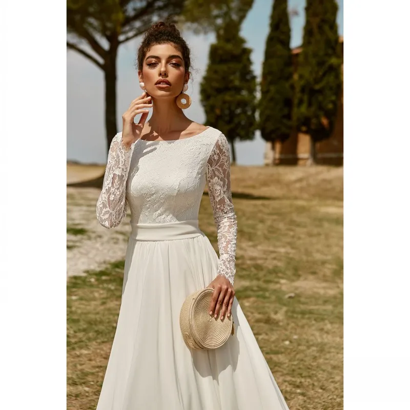 

Elegant Chiffon Bridal Wedding Dresses Long Sleeve O Neck Boho Bride Gowns Backless Lace Appliques Mariage 2022