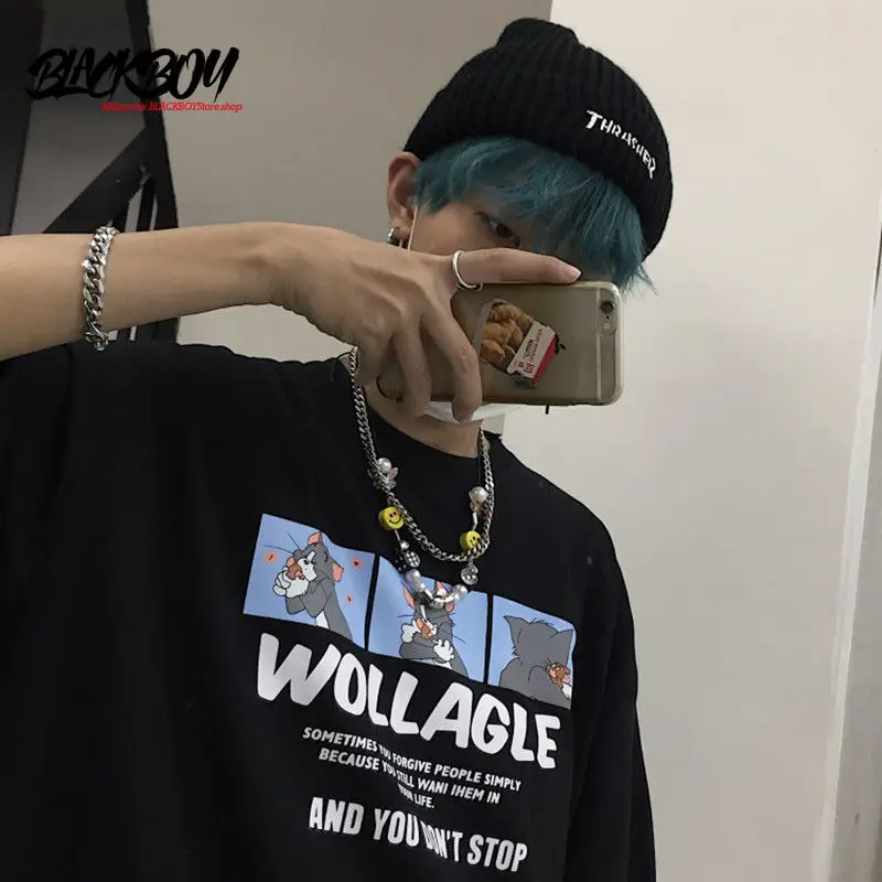 

BLACKBOY Summer New Men's Short-sleeved T-shirt Ins Retro Trend Print Student Loose Women's Top Class Uniform Oversized T Shirt