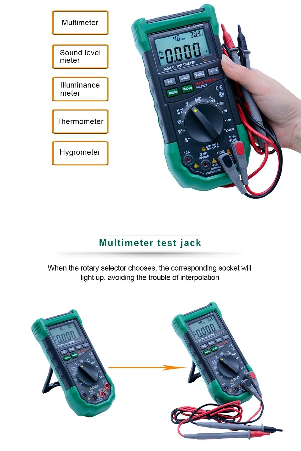 Mastech MS8229 5 в 1 автоматический Диапазон Цифровой мультиметр Многофункциональный Lux Уровень звука температура влажность тестер метр
