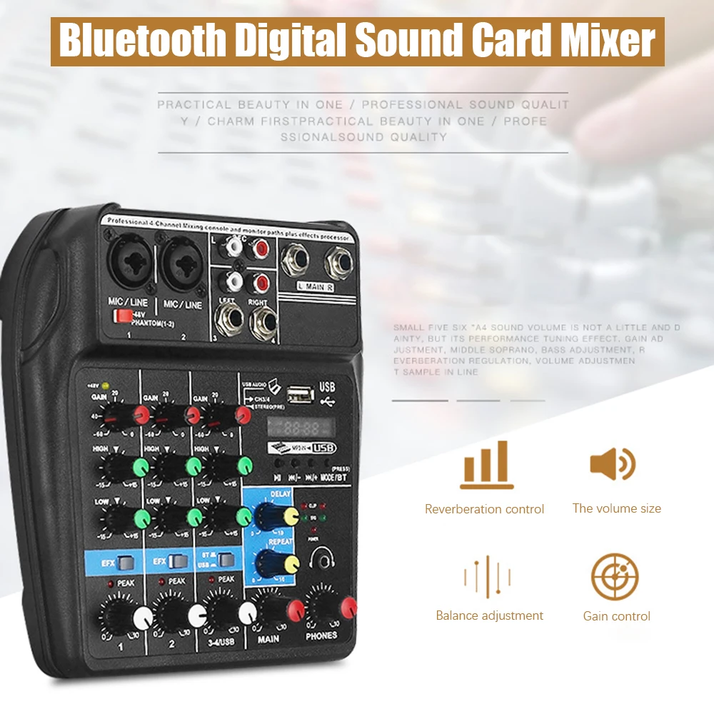 

Wireless 4 Channel Audio Mixer Portable Sound Mixing Console USB Interface MP3 Computer Input 48V Phantom Power Monitor for Home