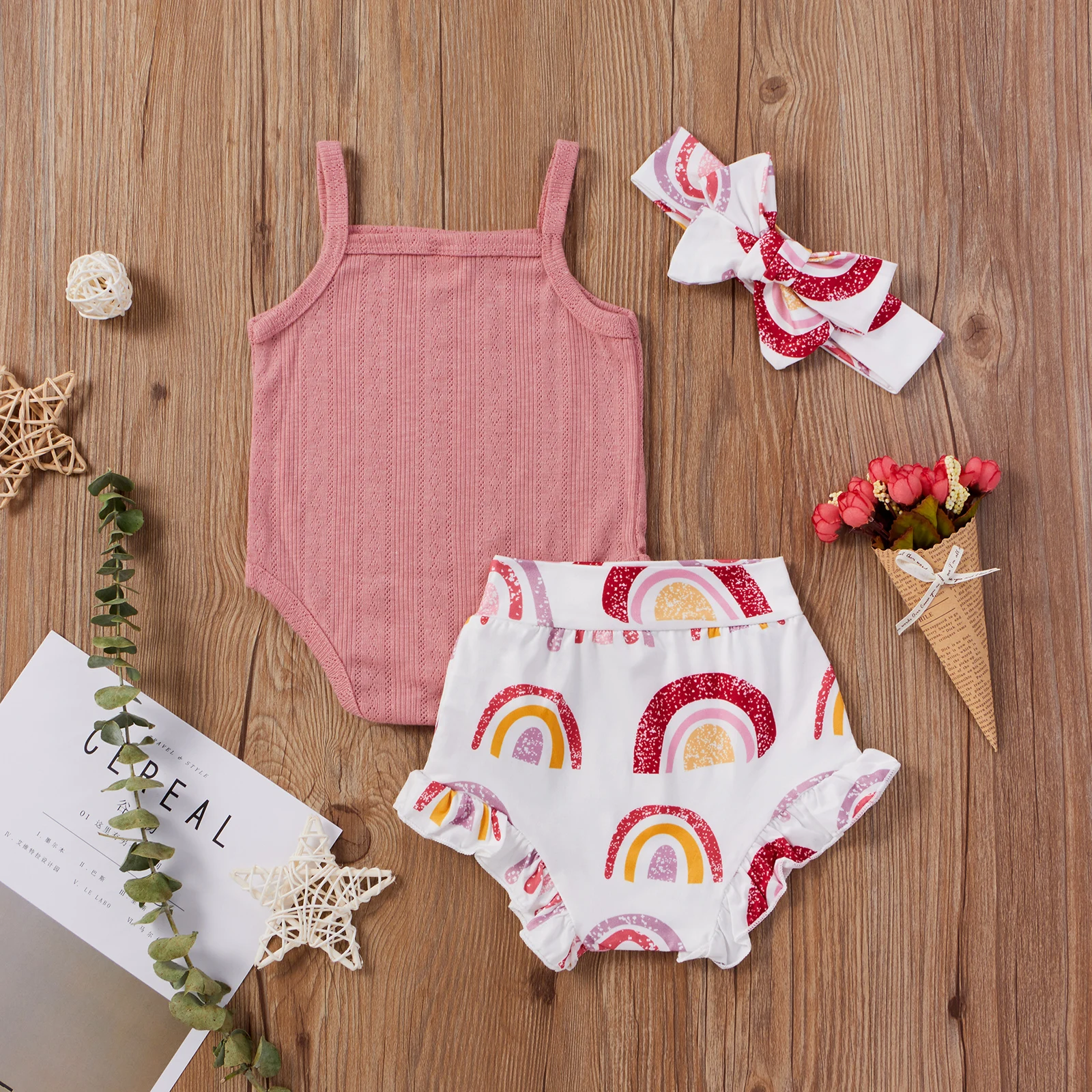 

2021 New Summer 0-24M Baby Girl 3Pcs Set Spaghetti Straps Sleeveless Red Bodysuit+Rainbow Print Shorts+Headband Toddler Clothes