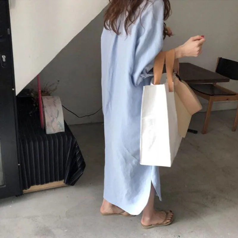 2020 корейский стиль весна осень Женское Платье рубашка с отложным воротником