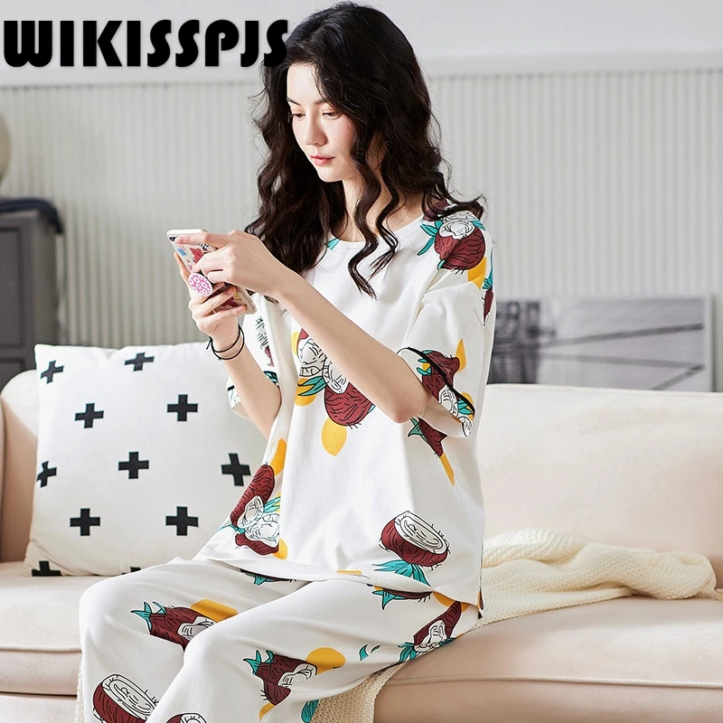 

Лето 2022, Женская Хлопковая пижама, Капри с коротким рукавом, милый костюм, домашняя одежда, домашняя одежда, топы для сна, женские комплекты из двух предметов