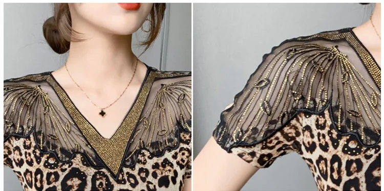 

Summer European Clothes T-Shirt Fashion Sexy V-Neck Patchwork Embroidery Shiny Diamonds Women Tops Short Sleeve Tees New T15214A