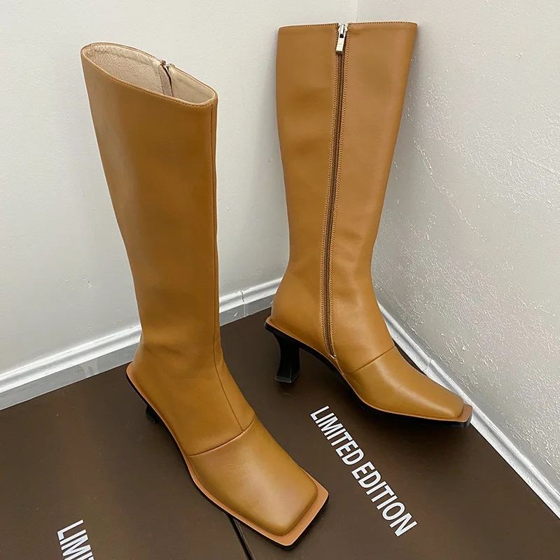 

New Arrives Genuine Leather +Microfiber Women's Autumn Winter Boots High Heels Square Toe Casual Shoes Woman Knee High Boots 40