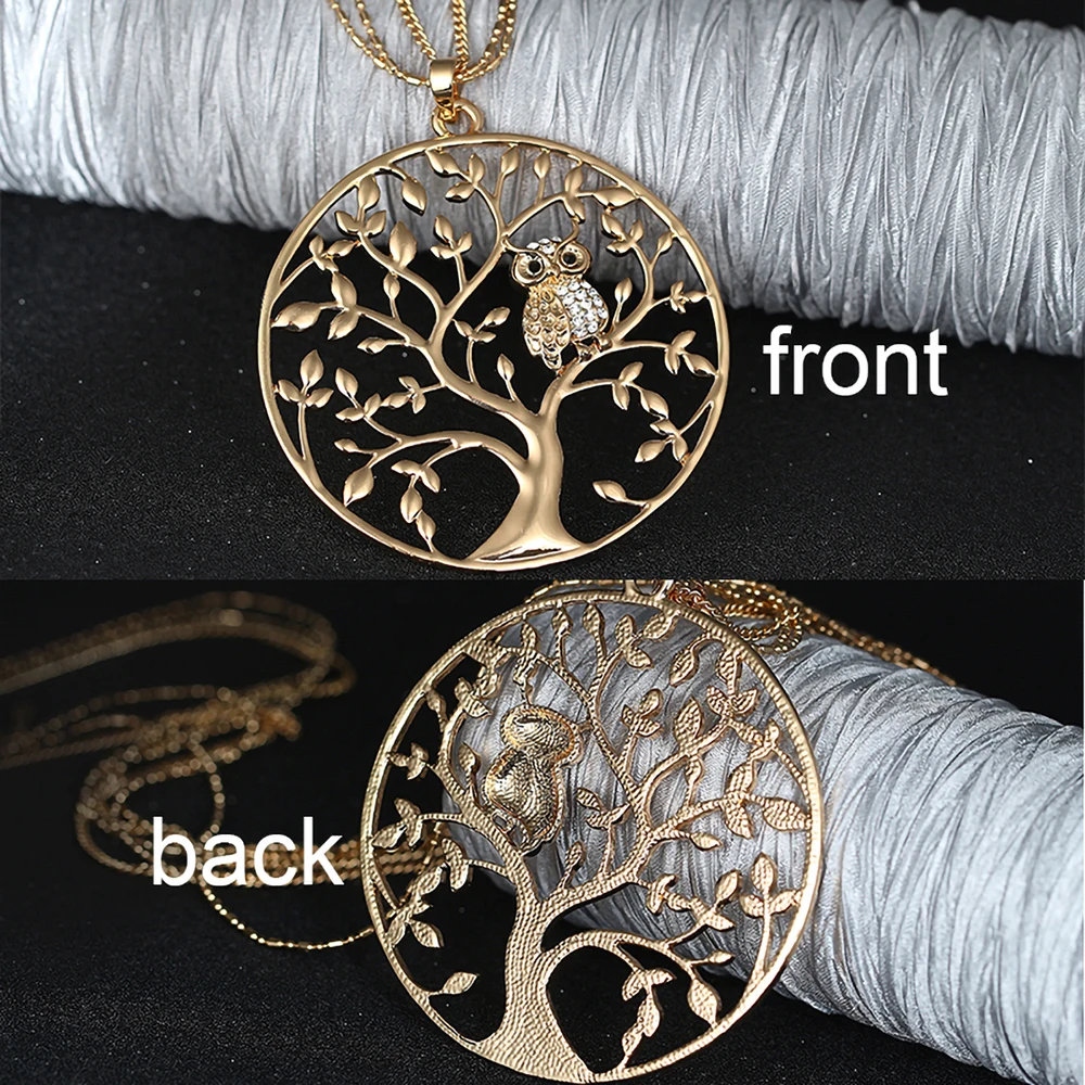 

Gold Silvery Owl Necklaces for Women female Statement Jewelry Gift Big Tree Of Life Pendant Layered Chain Long Necklace 2021