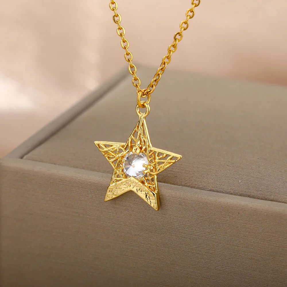 

Star Zircon Necklace For Women Stainless Steel Cubic Zirconia Pentagram Pendant Necklaces Vintage Crystal Jewelry Accessories