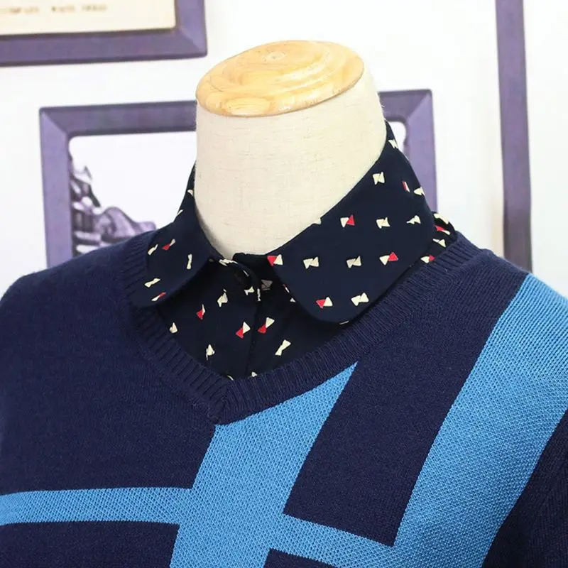 

Women Blouse Sweater Turn-Down Fake False Collar Detachable Geometric Pattern Printed Cotton Half Shirt Tie Button Apparel