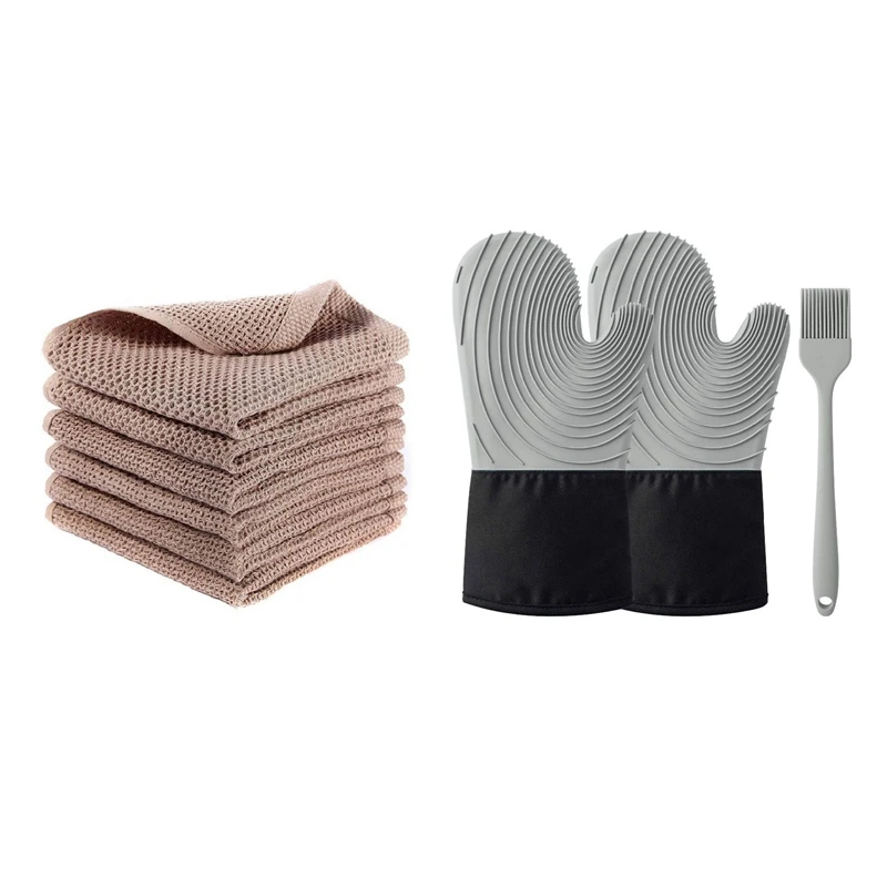

6Pack 100% Cotton Waffle Weave Kitchen Dish Cloths,Brown & 1Set Silicone Oven Mitts With 1 Silicone Brush Grey