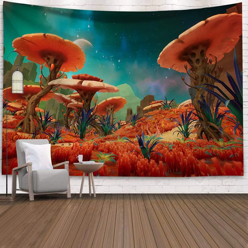 

Psychedelic Mushroom Forest Tapestry Fantasy Landscape Castle Tapestry Room Decoration Colorful Wall Covering