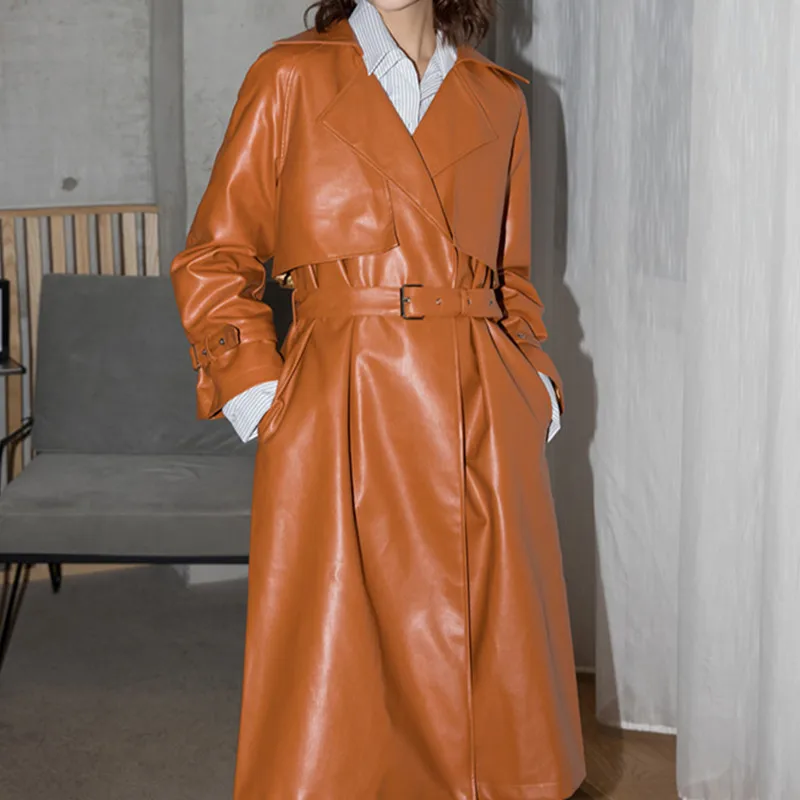 

Женская куртка из ПУ кожи, элегантный длинный Тренч с отложным воротником и длинным рукавом, пальто с поясом, весна-осень 2021