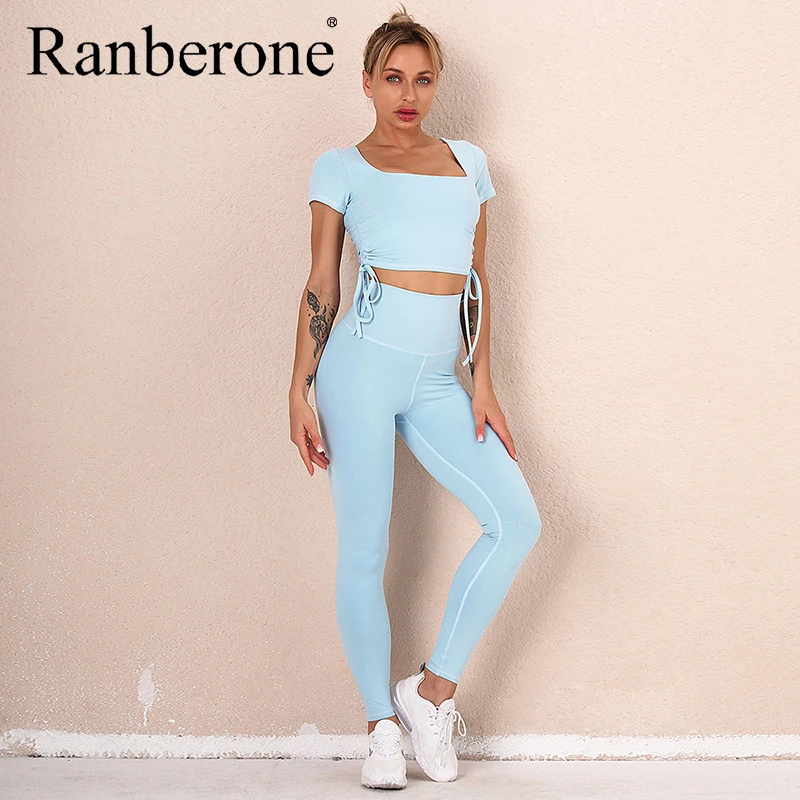 

Пикантная спортивная одежда Ranberone, Женский однотонный тренировочный бандажный костюм для йоги, спортивный топ для бега и фитнеса, рубашки, леггинсы, комплект брюк