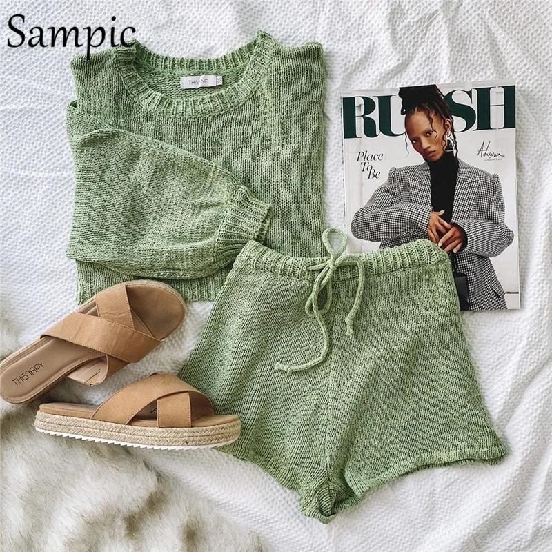 

Sampic Women Fashion O Neck Casual Outfits Sweater Sets Long Sleeve Knit Shirt Tops And Loose Shorts Buttom Suit Two Piece Sets