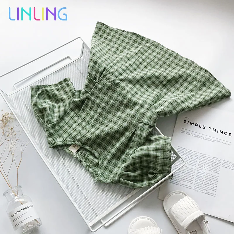 Girls' Little Fresh Green Plaid Cotton Baby Girl Dress Girls Fashion Princess 2020 Summer New Arrival | Детская одежда и обувь