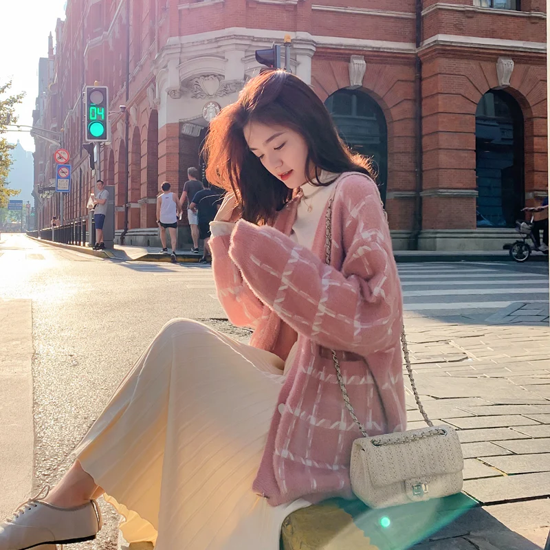 

Свитер из искусственной норки, кардиган, женский свободный свитер в клетку в Корейском стиле, Осень-зима 2021