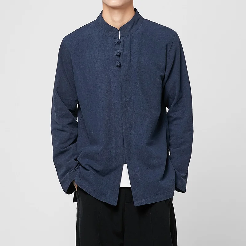 

2021 Linen Shirts Men Clothing Chinese Style Long Sleeve Retro Button Shirt Solid Color Tang Suit Loose Plus Size Tops KK3510