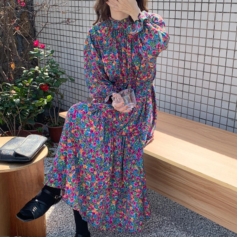 

Women Slim Waist Lace Up Maxi Dress Floral Print Flare Long Sleeve Vintage Chiffon Dresses Korea Fashion Harajuku Robe