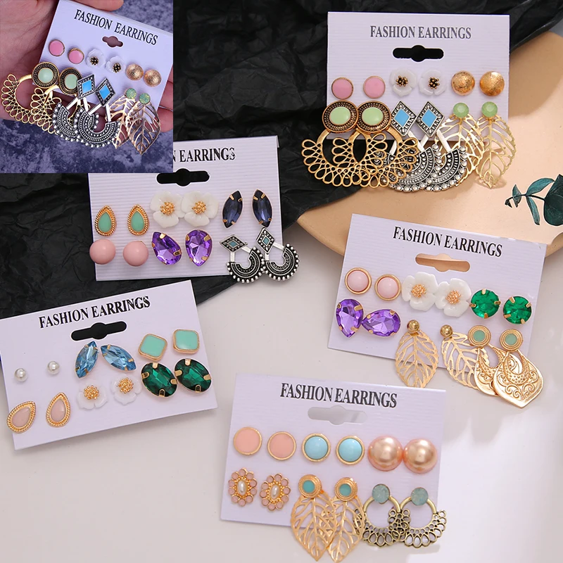 Женские серьги гвоздики FAMSHIN богемные золотого цвета в виде листьев и цветов