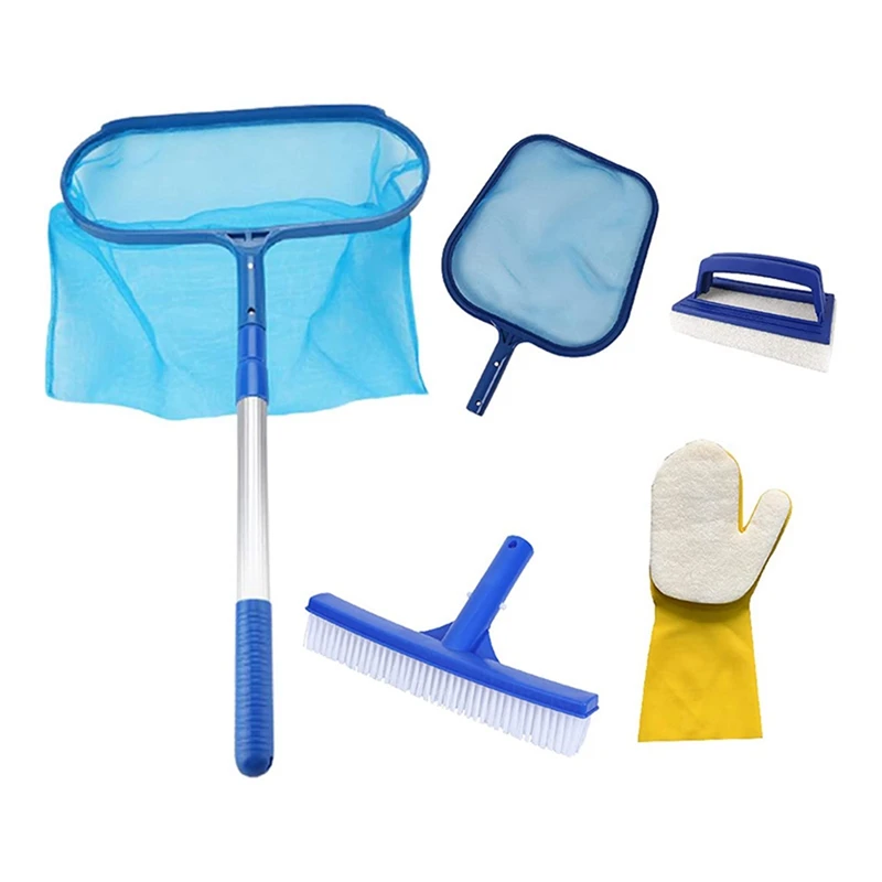 

Pool Cleaning Kit With Pole For Hot Tub Spa Pond Swimming Pool Accessories With Leaf Skimmer Net,Sponge Rush,Scrubber