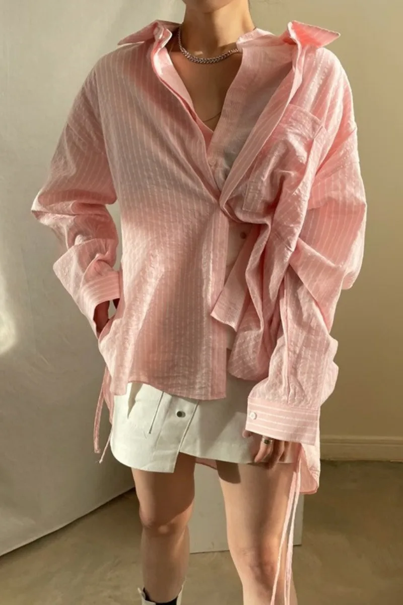 

SuperAen 2021 New Fashion Chic New Design Stripe Shirts Fashion Turn-down Collar Office Lady Woman Shirts