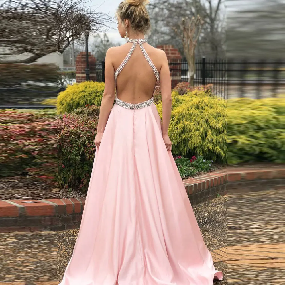 

Pink A-line Party Dresses Halter Sweep/Brush Beading Evening Dresses Sleeveless 2021 Open back high quality Party Gowns Fashion