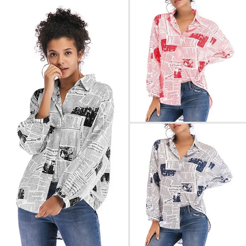 New Women's Fashion Spring and Summer Large Size Shirt Loose Casual Long-sleeved Tops Letter Printed Lapel Button Blouse