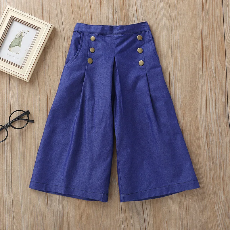 

New Girl's Suit Summer Jeans Suit Wide Leg Pants Flying Sleeve Polka Dot Top Two-Piece Butterfly Sleeve Tops+Long Jeans Pants