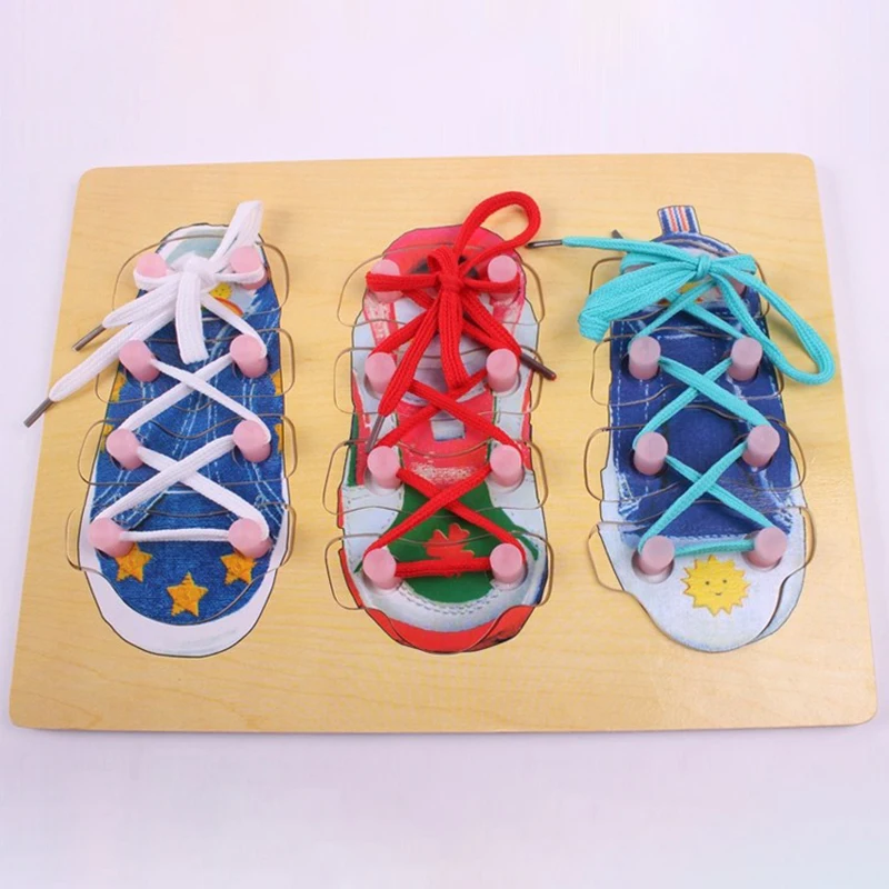 

Children Cute Wooden Tying Shoelaces Stringing Exercises Shoes Toys Early Educational Learning Wooden Board Hands-On Ability