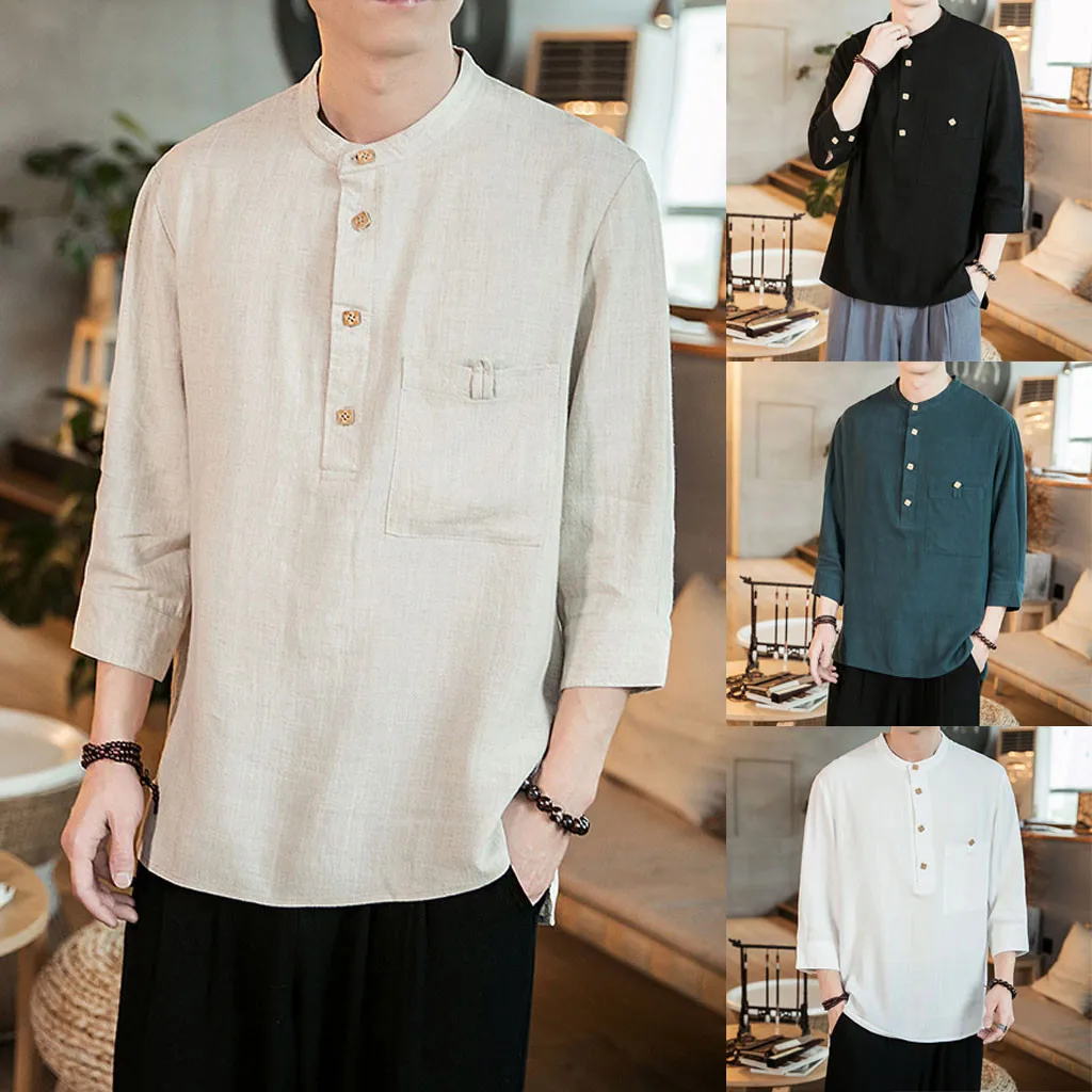 

Vogue Men's Loose Casual Daily Solid Color 9-sleeve Imitation Cotton And Linen Shirt Loose Large Size Breathable Simple Fashion