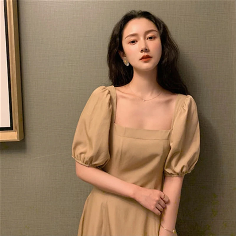 

Summer Fashion Casual Women Dress Square Collar Solid Puff Sleeve Slim Long Dresses Female Mid-Calf Skirt Ladies Y657